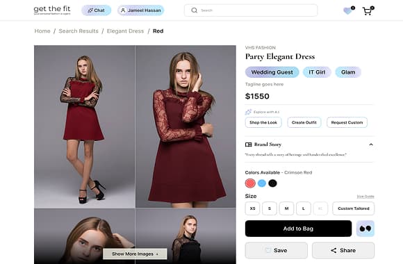 Product detail page with gallery, vibes, and add to bag